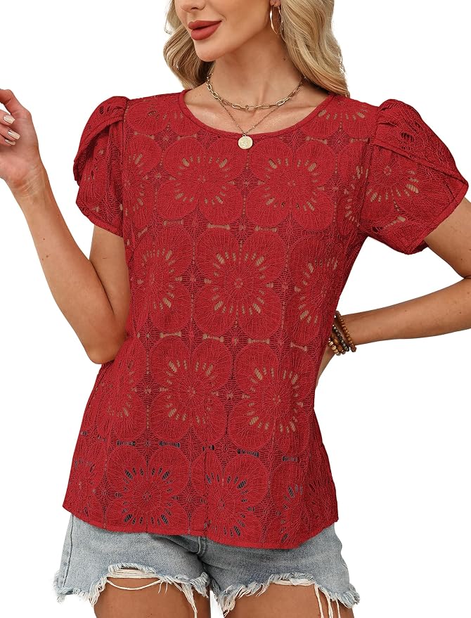 OFEEFAN Blouses for Women Dressy Casual Petal Short Sleeve Shirts Crochet Lace Boho Tops Spring Fashion Summer Outfits - Image 3