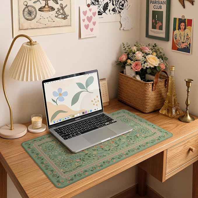 iCasso Aesthetic Flower Mouse Pad,23.6x13.7in Desk Pad, Light Green | Desk Matt for Desktop, Anti-Slip Mousepad with Stitched Edges for Laptop Computer Keyboard - Image 6