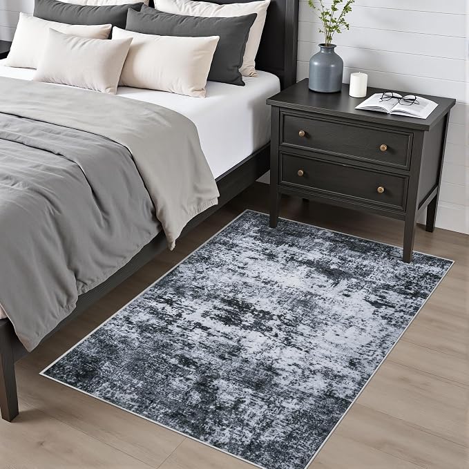 Washable Area Rug 3x5 Entryway Rug: Washable Modern Abstract Soft Thin Rug Indoor Floor No Slip Stain Resistant Carpet for Bedroom Dining Room Farmhouse Nursery Home Office - Black - Image 2