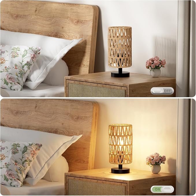 Fenmzee Table Lamps (Rattan Rope Shade - Black Base, 9" Inline Control) | 3000K LED Blub Included | 680 Lumens | Easy Assembly | Minimalist Design | E26 | for Kitchen | for Kids Room - Image 4