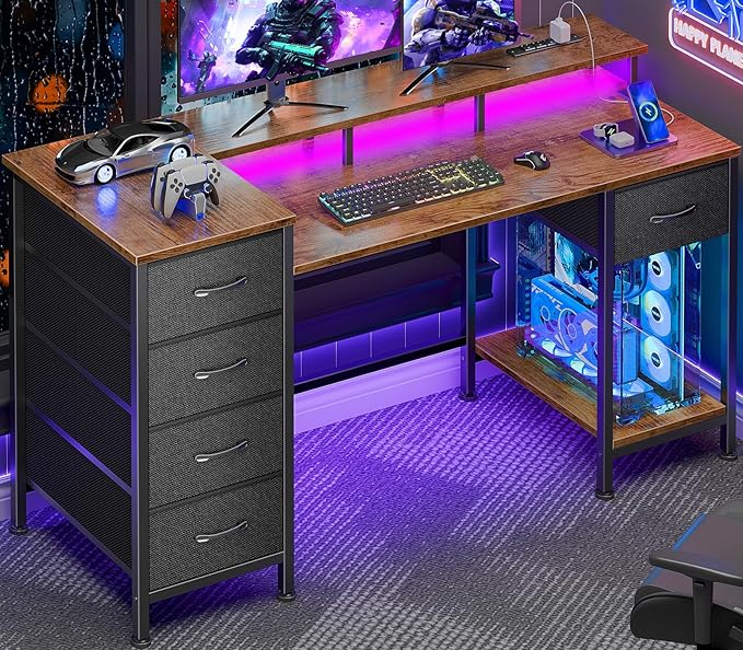 Korfile 47 Inch Computer Desk with Power Outlets,LED,5 Drawers,Rustic Brown | For gaming and working,built-in power outlets and LED lights, 5 fabric storage drawers, 47-inch, monitor stand,, rustic brown by Korfile