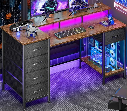Korfile 47 Inch Computer Desk with Power Outlets,LED,5 Drawers,Rustic Brown | For gaming and working,built-in power outlets and LED lights, 5 fabric storage drawers, 47-inch, monitor stand,, rustic brown by Korfile