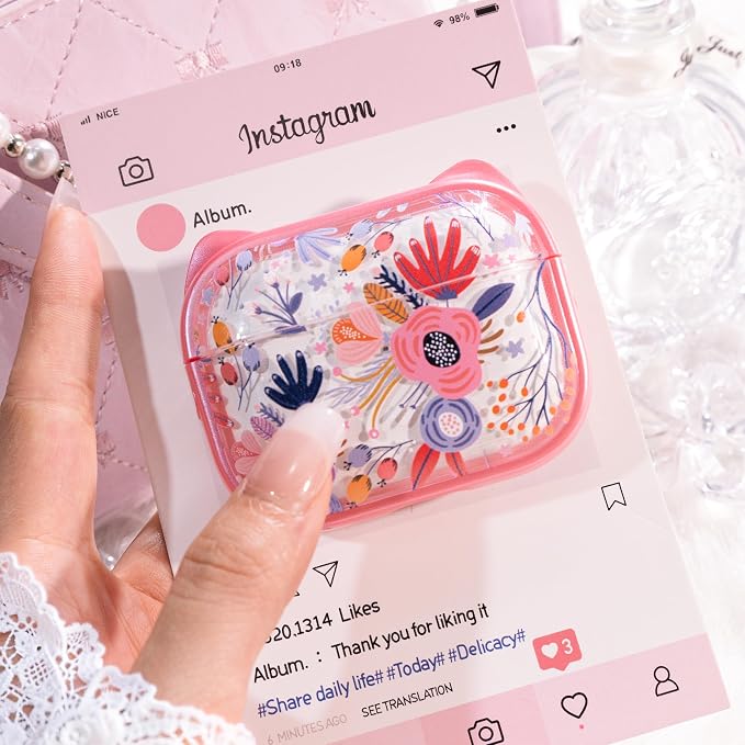 for AirPods Pro 2 Case with Cleaning Kit, Cute Cat Ear Print Design & Cute Buckle for Girls, Phone Holder & Top Safe Lock Buckle Design for AirPods Pro 2nd/1st Gen case, Clear Flowers - Image 4