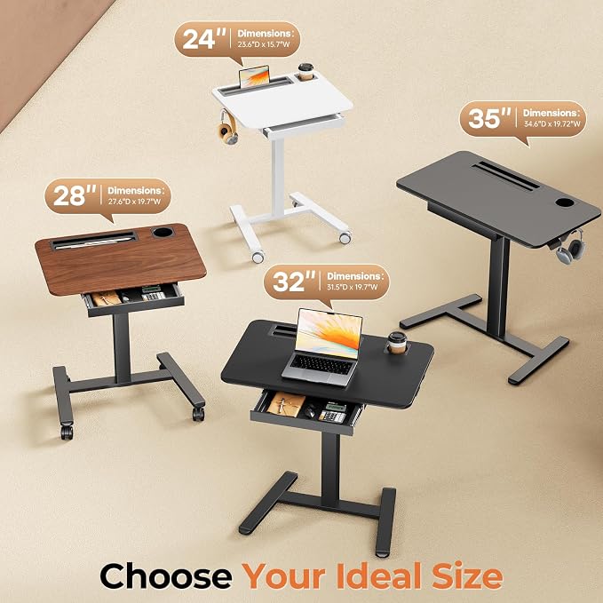32" Mobile Desk with Drawer, Rolling Standing Desk on Wheels | Height Adjustable Desk with Cup Holder and Hooks, Portable Laptop Cart with Storage for Home Office, Black - Image 6