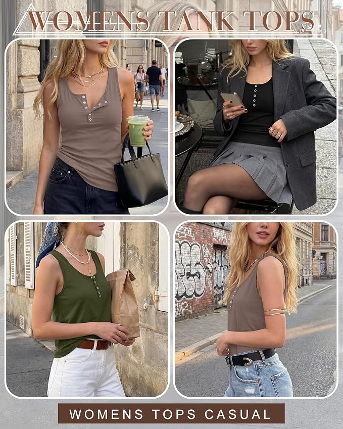 Ficerd 3 Pack Women's Henley Tank Tops Sleeveless Button Down Summer Shirts 2026 Casual Trendy Loose U Neck Tee Blouses - Image 4