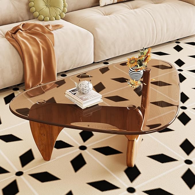 Coffee Table for Living Room Mid Century Modern Center Table with Glass Top and Wood, 32 Inch, Brown/Walnut - Image 5
