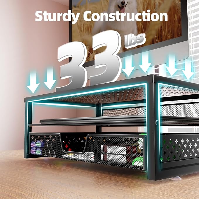 Simple Trending Metal Monitor Stand Riser and Computer Desk Organizer with Drawer for Laptop, Computer, iMac, Black | 16"W x 10"D x 6.25"H. Sturdy Metal Frame. 2-tier + drawer. Holds 66 lbs. Anti-slip. Fits laptop, monitor, iMac. Easy assembly - Image 5