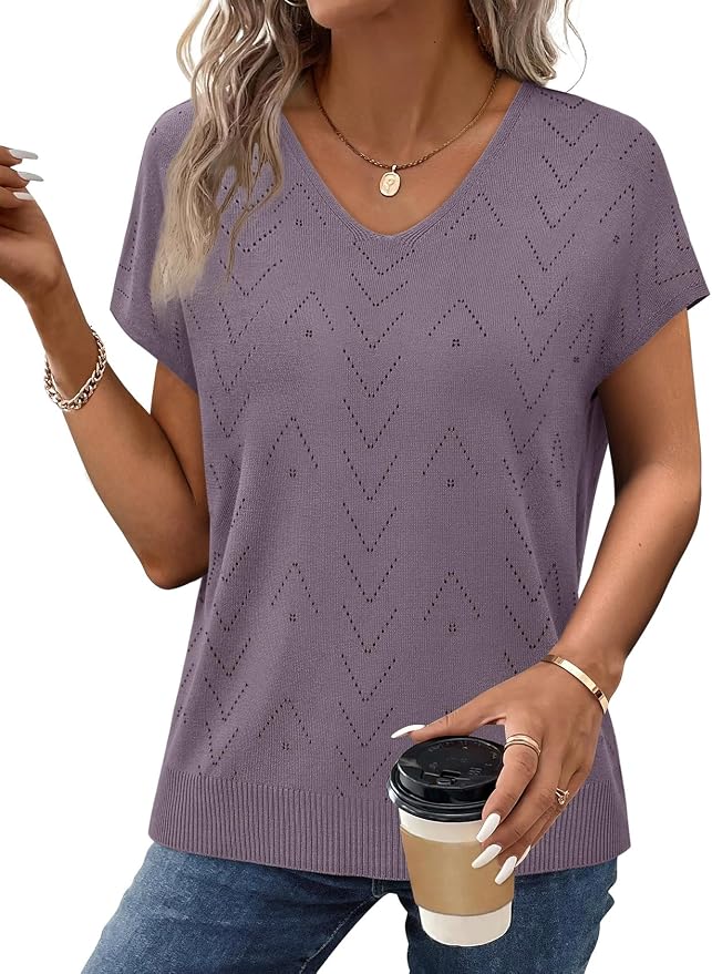 WIHOLL Short Sleeve Sweater for Women V Neck Trendy Cute Tops Business Casual Outfits Cap Sleeve - Image 4