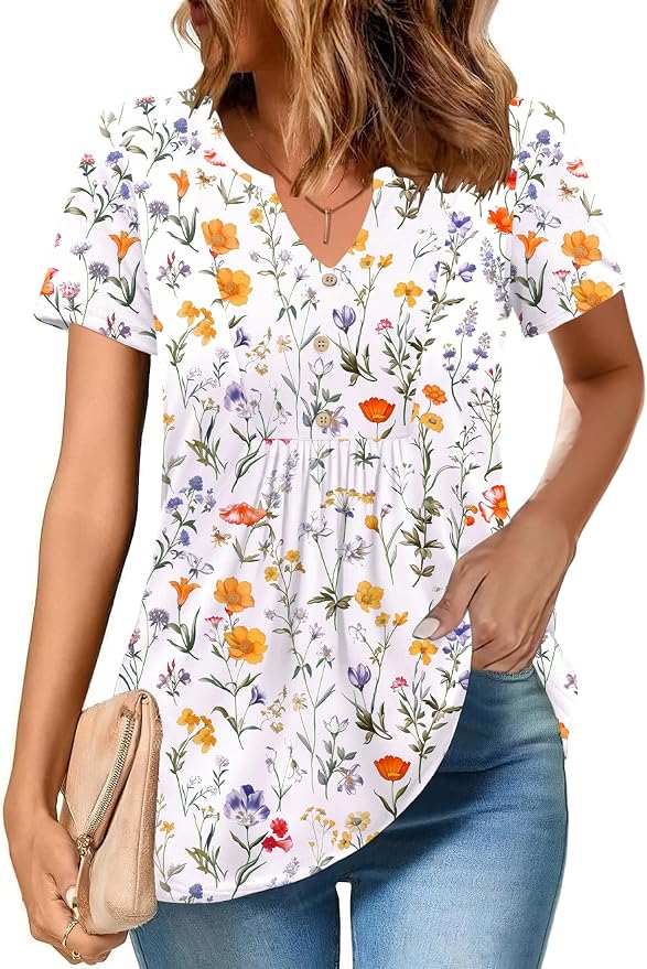 Zeagoo Womens Short Sleeve Tops Summer Henley V-Neck Tshirts Casual Pleated Blouse Dressy Loose Floral Basic Tee - Image 2