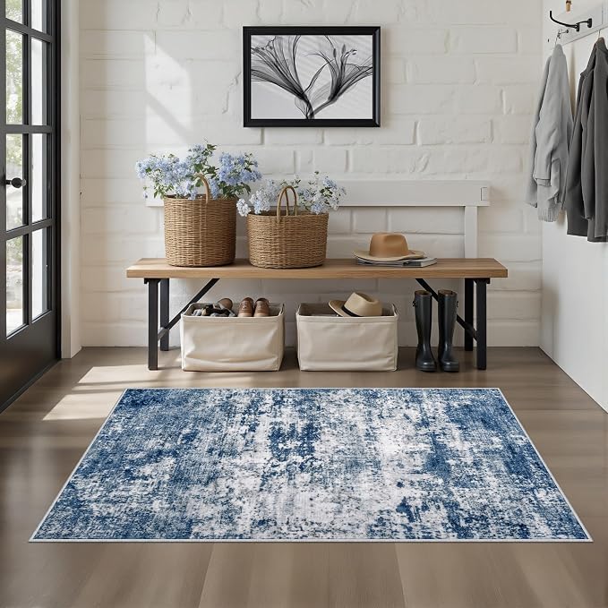 Washable Area Rug 3x5 Entryway Rug: Washable Modern Abstract Soft Thin Rug Indoor Floor No Slip Stain Resistant Carpet for Bedroom Dining Room Farmhouse Nursery Home Office - Blue - Image 3