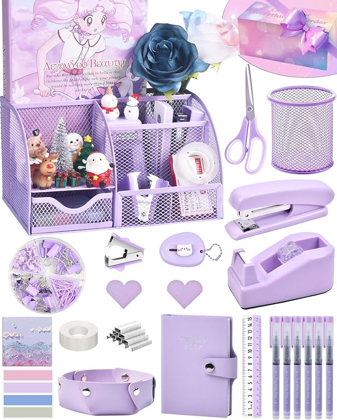 Purple Desk Accessories, 26Pcs Office Supplies and Desk Organizers, with Tape Dispenser, Stapler, Staple Remover Ect, Gift Box Packaging by StyleYourDeskinOneColor
