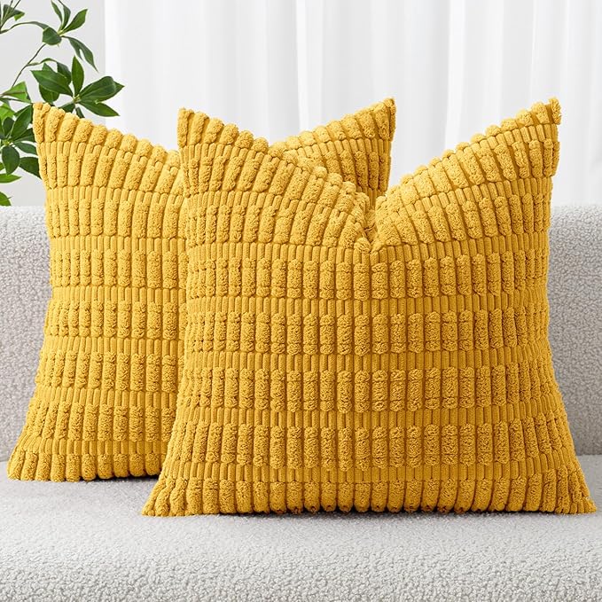 MIULEE Pack of 2 Corduroy Decorative Throw Pillow Covers 16x16 Inch Soft Boho Striped Pillow Covers Modern Farmhouse Home Decor for Summer Sofa Living Room Couch Bed Mustard Yellow by MIULEE