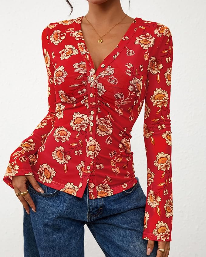 BTFBM Button Down Shirts for Women 2026 Fall Boho Tops V Neck Long Sleeve Blouses Ruched Mesh Fitted Fashion Clothing - Image 2