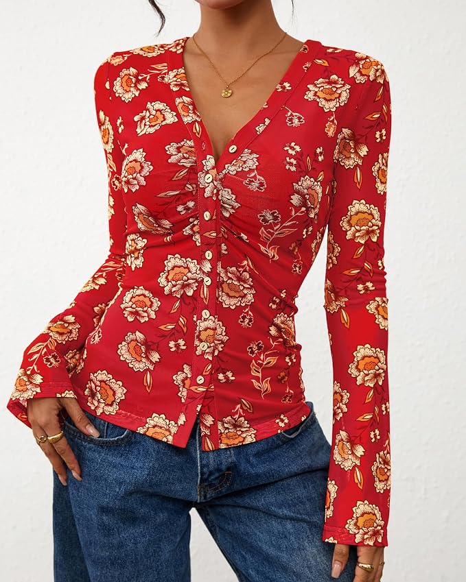 BTFBM Button Down Shirts for Women 2026 Fall Boho Tops V Neck Long Sleeve Blouses Ruched Mesh Fitted Fashion Clothing - Image 2