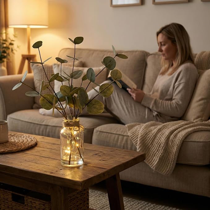 Bessol Artificial Eucalyptus Stems in Glass Vase with Faux Water, 13.5" Fake Plants for Home Decor, Coffee Table Centerpieces, Office, Bathroom & Farmhouse Weddings - Faux Greenery Plants Decorations - Image 4