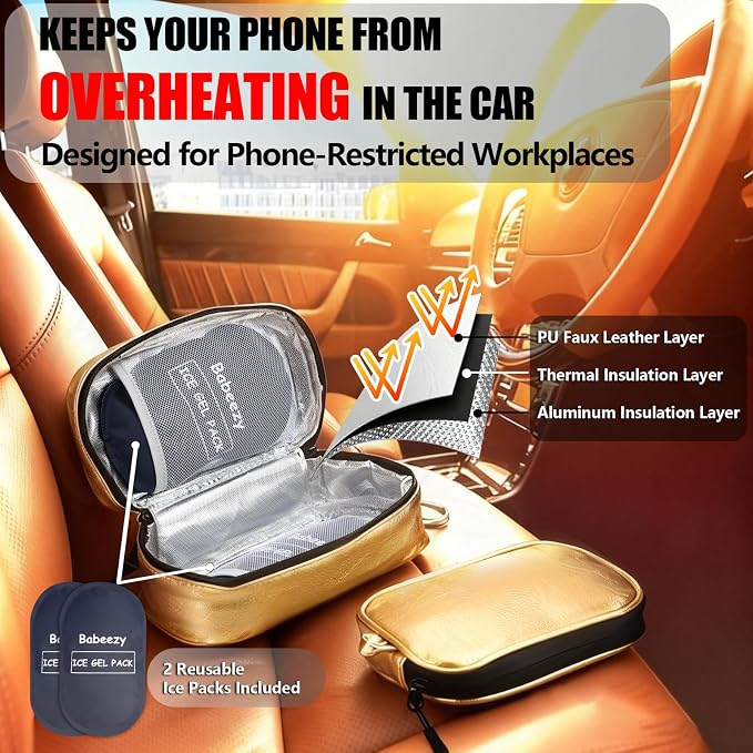 Car Phone Cooling Bag with 2 Ice Packs (Gold) – Active Thermal Pouch Prevents Overheating – Reflective Heat Shield Case for iPhone 17 Pro Max & Android –Essential Summer Work Gear - Image 3