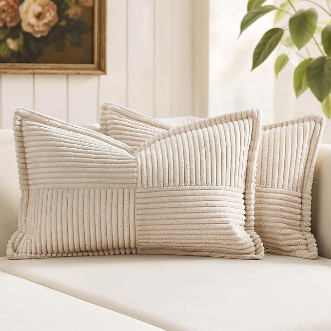 MIULEE Decorative Lumbar Throw Pillow Covers for Couch Bed Livingroom 12x20 Inch Set of 2 Beige Boho Accent Throw Pllows Broadside Striped Patchwork Soft Corduroy Pillowcases by MIULEE
