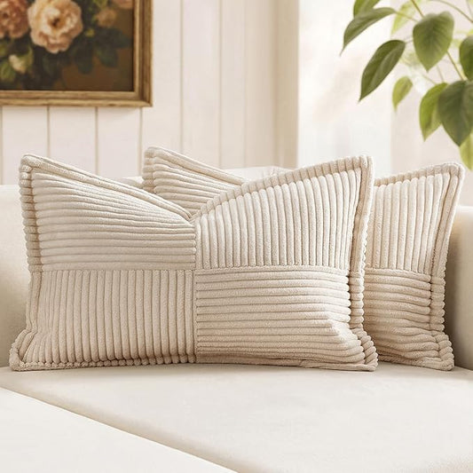 MIULEE Decorative Lumbar Throw Pillow Covers for Couch Bed Livingroom 14x22 Inch Set of 2 Beige Boho Accent Throw Pllows Broadside Striped Patchwork Soft Corduroy Pillowcases by MIULEE