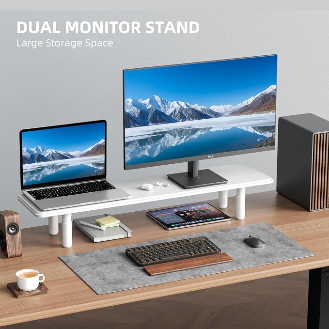 AFOOYO Dual Monitor Stand for Desk, Adjustable Height Wood Computer Riser, Ergonomic Monitor Shelf for Laptop, Printer, TV, Black - Large Storage Space, Sturdy Desk Organizer for Home & Office,White - Image 2
