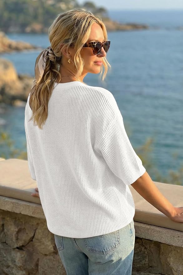 Arach&Cloz Womens Summer 100% Cotton Oversized Crochet Tops 3/4 Length Sleeve Sweater Hollow Out Casual Blouses 2026 - Image 3