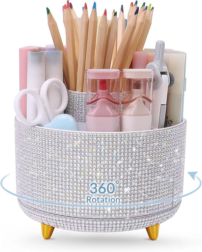 SKYDUE 360 Degree Rotating Desk Organizer, Shining Dual-Purpose Rhinestone Pencil Pen Holder, Rotating Desk Pen Organizer with 5 Slots, Rhinestone Pencil Cup for Office, School, Home by SKYDUE