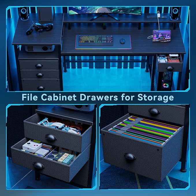 Furologee 60" Black Computer Desk with 4 Drawers and Printer Space, Gaming Desk with LED Lights and USB Power Outlets, Home Office Desk with Fabric File Cabinet,Study Work Table with Shelf for Bedroom - Image 7