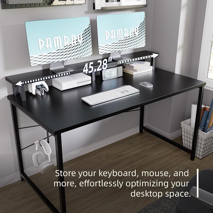 Pamray 47 Inch Small Computer Desk with Monitor Stand, Simple Office Desk with Headphone Hook for Small Spaces, Kids Study Writing Table for Bedroom, White - Image 4