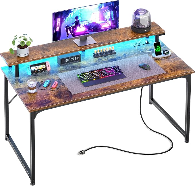 PRAISUN 40 inch Gaming Desk, LED & Outlets, Monitor Stand, Rustic Brown | Sturdy PC Desk for Home Office, Study & Work, LED Lights, 4 AC Outlets & USB-C Charging Station by PRAISUN
