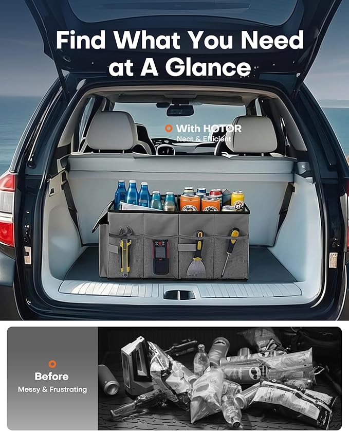 HOTOR Trunk Organizer for Car - Car Organizer, Foldable Trunk organizer for SUVs & Sedans, Sturdy Organization for Car Accessories, Tools, Sundries, Grey, 2 Compartments, 21.3"×12.6"×10.6" - Image 6