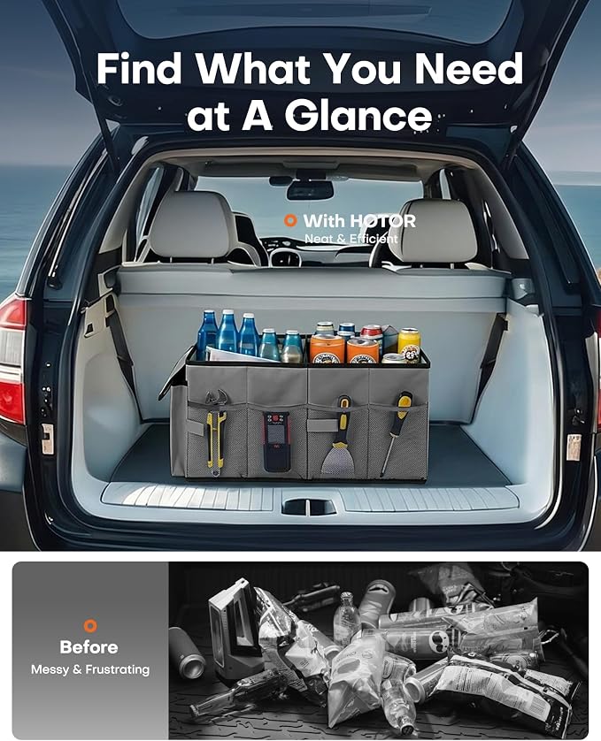 HOTOR Trunk Organizer for Car - Car Organizer, Foldable Trunk organizer for SUVs & Sedans, Sturdy Organization for Car Accessories, Tools, Sundries, Grey, 2 Compartments, 23.6"×14.2"×10.6" - Image 6