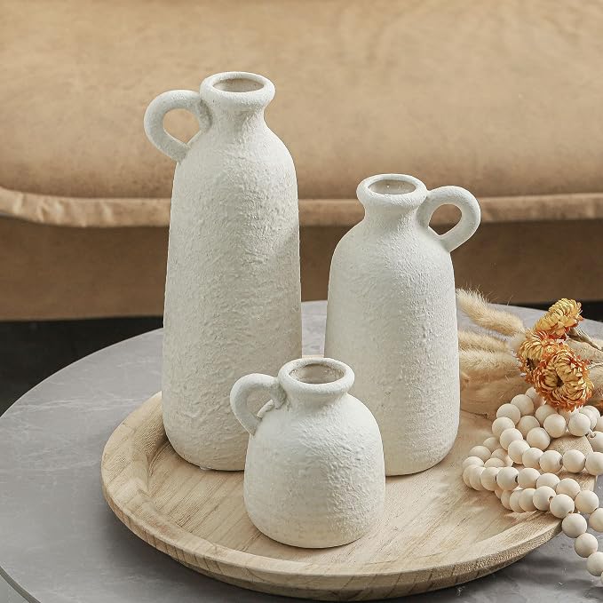 Ceramic Vase Set of 3 with Handle, Neutral Rustic Vases Home Decor Farmhouse Decorative Vase Whitewashed Pottery Decor Modern for Table Mantel Entryway Bookshelf Living Room Kitchen Bedroom - White - Image 9