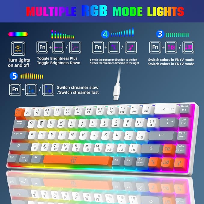 Snpurdiri 60% Percent Gaming Keyboard (68 Keys, White-Grey-Orange) | Ergonomic Compact RGB Backlit Small Gaming Keyboard for Windows, PC, Laptop - Image 5