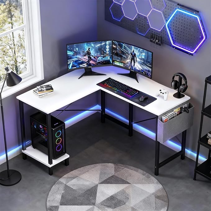 OLIXIS L Shaped Desk, 50-Inch Office Computer Gaming Desks Corner PC Table with Side Bag and Reversible Shelf for Home Work Study Writing White | Side Bag, Reversible Shelf, Home Work Study Writing, PC Workstation, Easy Assembly, White - Image 4