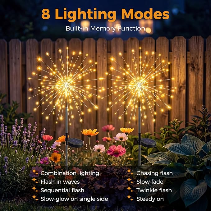 btfarm 2 Pack Solar Garden Lights Outdoor 8 Modes, 120 LED Firework Lights Solar Powered, Waterproof Twinkle Fairy Light Outside for Yard Pathway Lawn Pool Patio Christmas Decorative, Warm White - Image 3