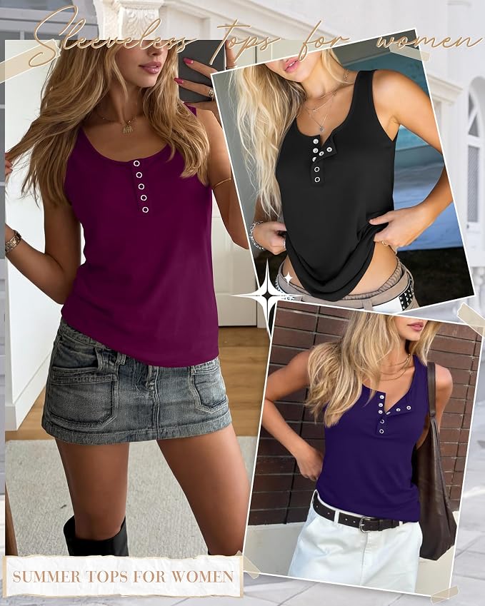 Ficerd 3 Pack Women's Henley Tank Tops Sleeveless Button Down Summer Shirts 2026 Casual Trendy Loose U Neck Tee Blouses - Image 2