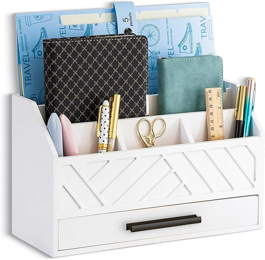 dreampossible Wood Desk Organizer and Accessories with Drawer, Bill Mail Organizer and File Mail Holder for Office Supplies, Modern Desk Accessories & Workspace Organizers for Desk Organization by dreampossible