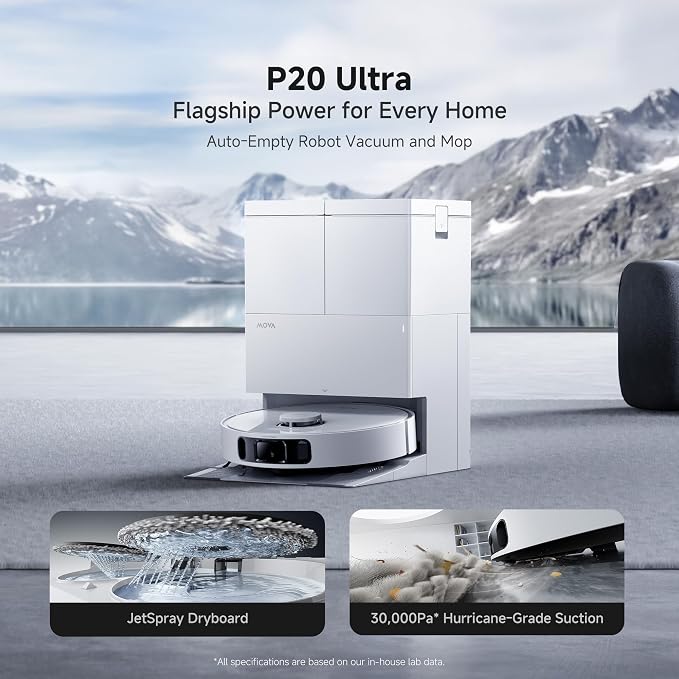 MOVA P20 Ultra Robot Vacuum and Mop, 30,000Pa Suction, MopExtend Edge Cleaning, All-in-One Dock with 145°F Mop Auto-Drying, 100 Days Auto-Empty, Liftable Spinning Mop for Carpet, Hard Floors, Pet Hair - Image 2