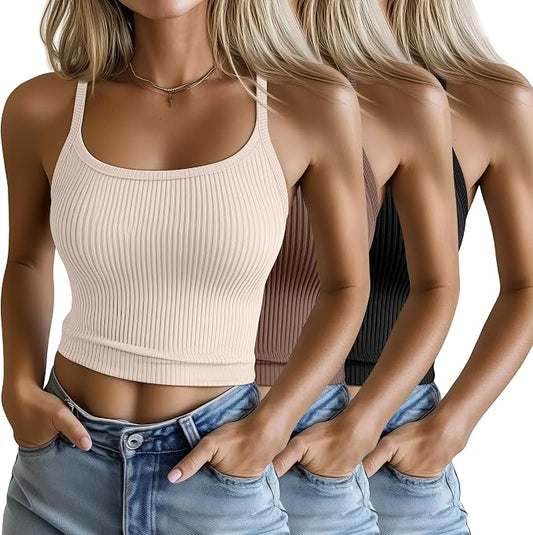 Ficerd 3 Pack Women's Tank Tops 95% Cotton Spaghetti Strap Ribbed Crop Camisole Slim Fitted Basic Summer Sleeveless Layer by Ficerd