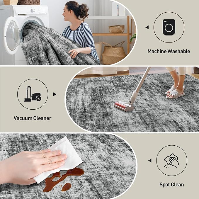 2'6''x8' Runner Rugs Washable Rug: Modern Abstract Living Room Rug Soft Anti-Skid Thin Carpet Indoor Floor Non-Shedding Carpets for Bedroom Dining Room Farmhouse Nursery Home Office - Black - Image 3