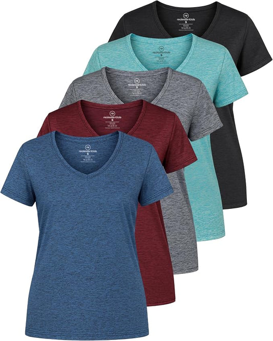 5 Pack Women's Dry Fit V Neck Workout Tops T Shirts Athletic Gym Yoga Tees | Available In Plus Size, Cooling Moisture-Wicking, Short Sleeve, Quick-Dry, Fitness, Stretch, Exercise, Running, Hiking by RealEssentials