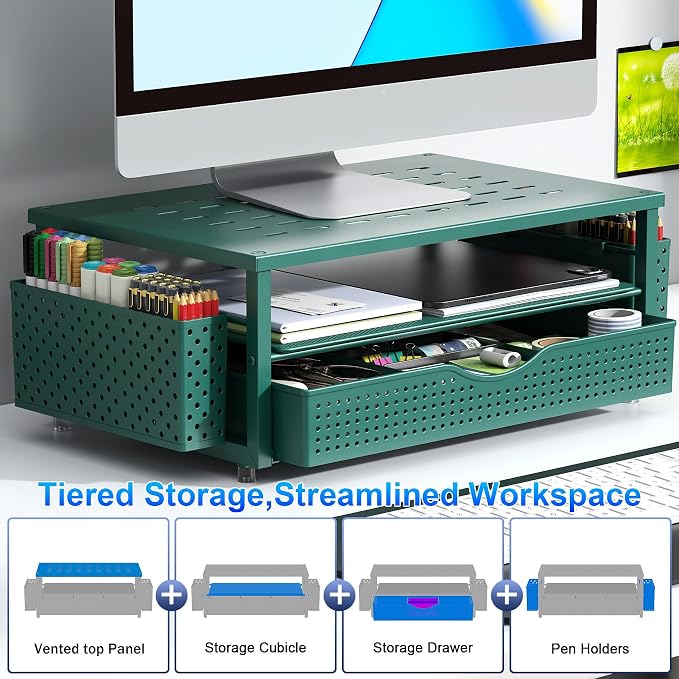 gianotter Desk Organizers and Accessories, Monitor Stand with Drawer and 2 Pen Holder, Desktop Organizer Suitable for Offices and Dormitories (Green) - Image 2
