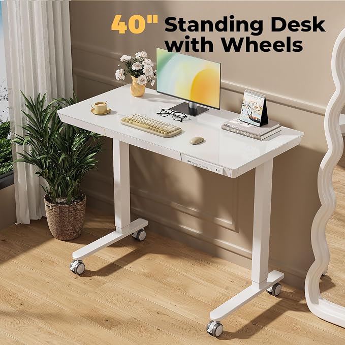 40" Glass Standing Desk with Drawer, Electric Stand up Desk | Height Adjustable Desk with One-Piece Tabletop & USB Charging Ports, Sit Stand Desk with Storage for Home Office, White - Image 3