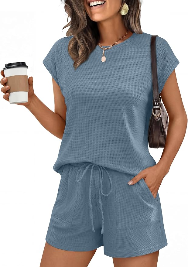 ANRABESS Womens Waffle Knit 2 Piece Short Sets Cap Sleeve Summer 2026 Matching Lounge Outfits Travel Beach Vacation Sweatsuit by ANRABESS