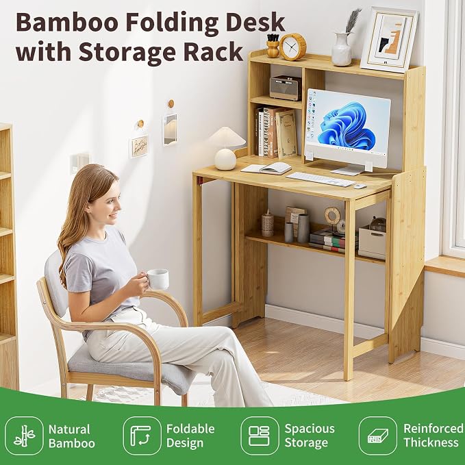 Folding Desk for Small Spaces, Bamboo Foldable Desk with Bookshelf, Natural | Small Computer Desk with Storage, Mid Century, Fold Out，Compact Size, for Bedroom, Living Room, Apartment, Home Office - Image 3