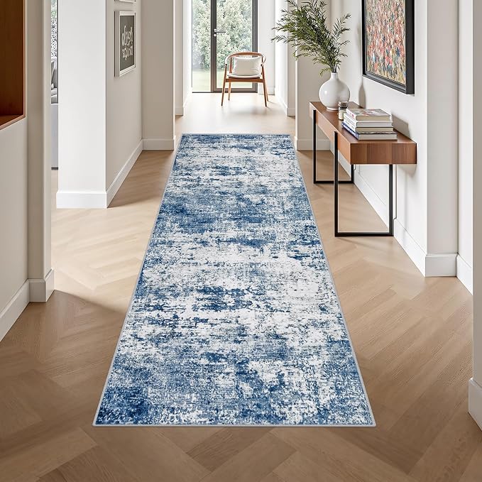 Washable Area Rug 3x10 Entryway Rug: Washable Modern Abstract Soft Thin Rug Indoor Floor No Slip Stain Resistant Carpet for Bedroom Dining Room Farmhouse Nursery Home Office - Blue - Image 4