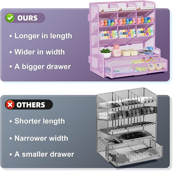 Marbrasse Larger Mesh Desk Organizer with Drawer, Multi-Functional Pen Pencil Holder, Easy Assembly, Desk Organizers and Accessories for Office Art Supplies (Purple) - Image 2