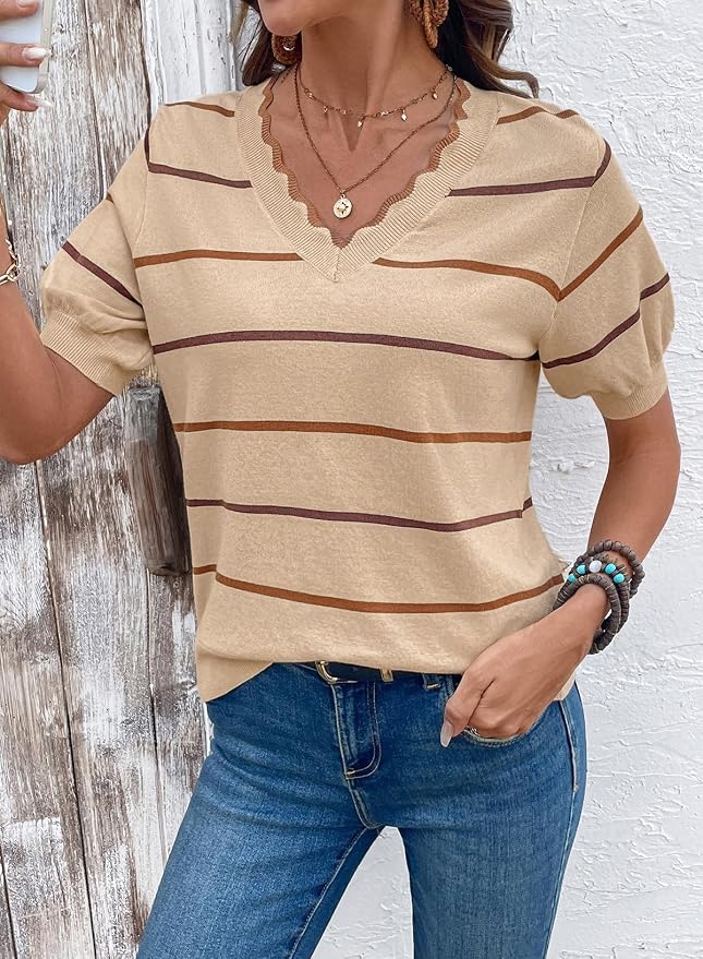 Dokotoo Womens Summer Short Sleeve Knit Tops 2026 Spring Trendy Casual V Neck Striped Sweater Blouses - Image 3