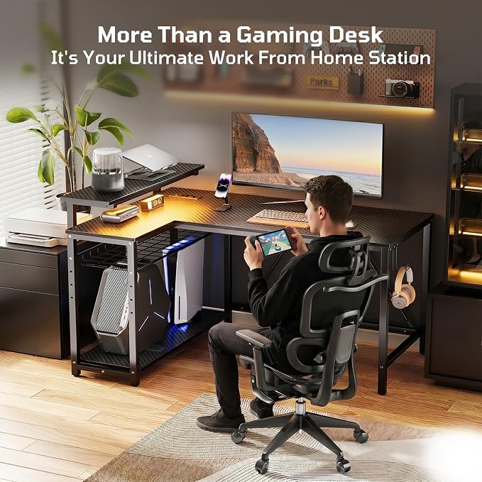 Bestier 42-Inch L-Shaped Computer Desk with Charging & LED, Black | Charging 2AC+USB+Type-C, RGB LED Strip, Reversible Shelves, Monitor Stand, Headphone Hook, Cable Mgmt, Small Space - Image 9