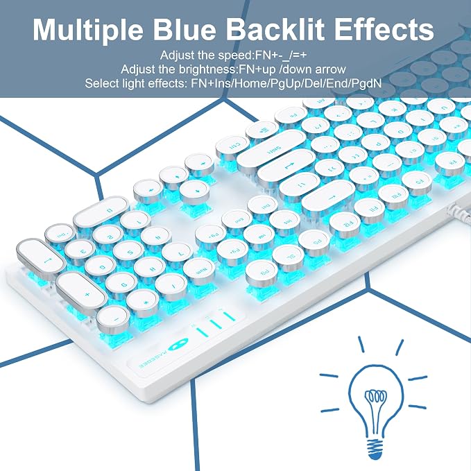 Camiysn Typewriter Style Mechanical Gaming Keyboard, White Retro Punk Gaming Keyboard with Blue Backlit, 104 Keys Blue Switch Wired Cute Keyboards, Round Keycaps for Windows/Mac/PC - Image 2