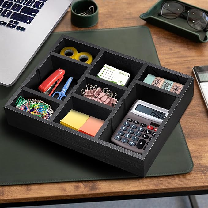 Wooden Desk Drawer Organizer | 9-Slot Desktop Tray | Adjustable Drawer Storage Box for Pens, Keys, Watch, Sticky Notes | Farmhouse Home&Office Decor - Image 5